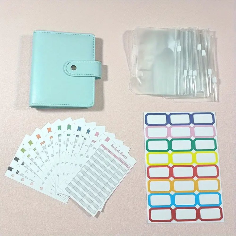 Leather BUDGET BINDER Cash Envelope System Set 8 Pockets/24 Labels Green NWT